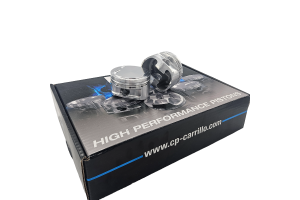 Spool CP custom RB32 pistons showing crown and underside views on a CP-Carrillo box.
