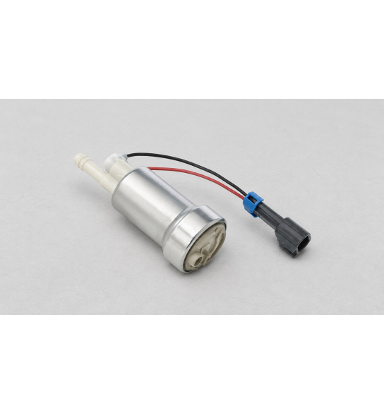 Walbro F90000285 in-tank fuel pump with wiring pigtail on a neutral grey surface.